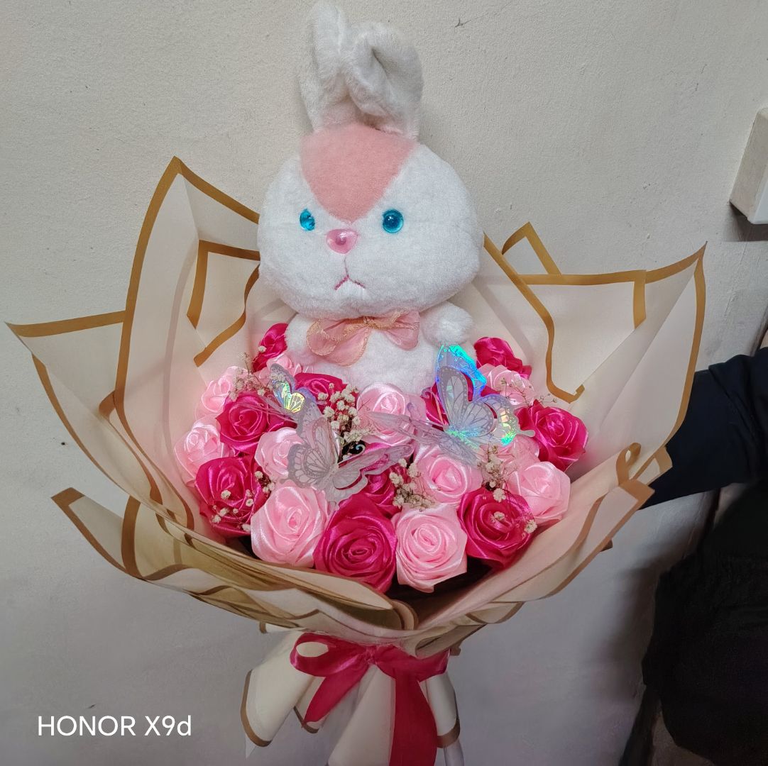 Plush Rabbit Bouquet with Artificial Roses