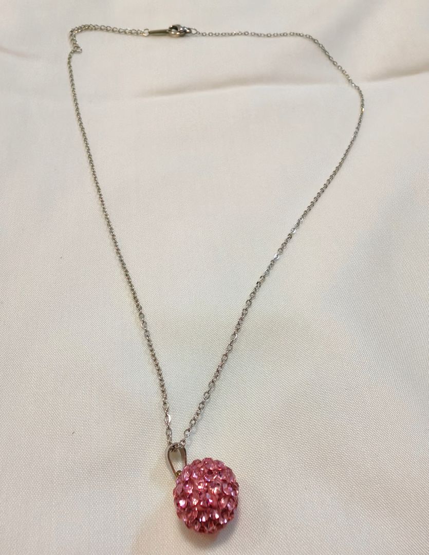 Silver Chain Necklace with Pink Crystal Ball Pendant